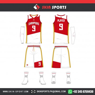 CHAMPIONS RED WHITE FULL SET WITH SLEEVES  BASKETBALL UNIFORMS