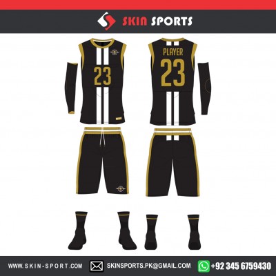 BLACK GOLD FULL SET WITH SLEEVES  BASKETBALL UNIFORMS