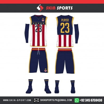 FLAG SHAPED NAVY FULL SET WITH SLEEVES  BASKETBALL UNIFORMS