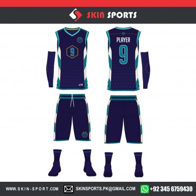 NAVY HONEY COMB  FULL SET WITH SLEEVES  BASKETBALL UNIFORMS