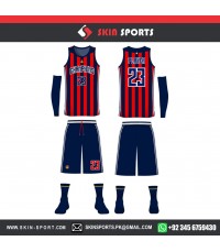 RED NAVY STRIPES FULL SET WITH SLEEVES  BASKETBALL UNIFORMS