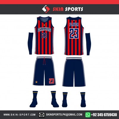RED NAVY STRIPES FULL SET WITH SLEEVES  BASKETBALL UNIFORMS