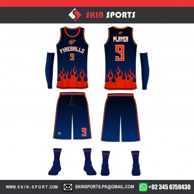 CHAMPIONS BLACK NAVY FIRE  FULL SET WITH SLEEVES  BASKETBALL UNIFORMS