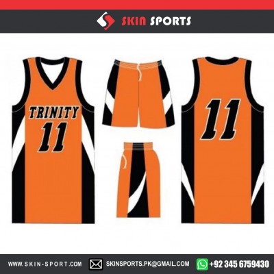 TRINITY ORANGE BLACK  BASKETBALL UNIFORMS